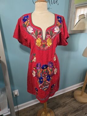 Embroidered Floral Red V-Neck Women’s Dress